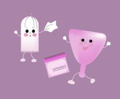 Tampon and Menstrual Cup character,problem deficit products  womans hygiene, vector cartoon illustration,