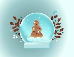 Realistic 3d render snowglobe with  Christmas trees.  Vector modern background