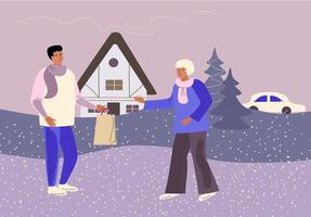 nieto felicita a su abuela por las vacaciones de navidad. concepto de amor familiar. ancianos caring.vector ilustración plana vector