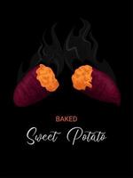 Vector illustration, hot baked sweet potato, isolated on a dark background.