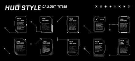 HUD futuristic style callout titles on black background. Infographic call arrow box bars and modern digital info vertical frame layout templates. Interface FUI and GUI element set. Vector illustration