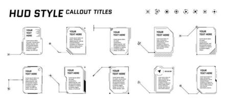 títulos de leyenda de estilo futurista de hud sobre fondo blanco. barras de cuadro de flecha de llamada infográfica y plantillas de diseño de marco vertical de información digital moderna. interfaz fui y conjunto de elementos gui. ilustración vectorial vector