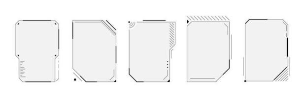 HUD digital futuristic user interface square vertical frame set. Sci Fi high tech screens. Gaming menu touching cyber monitoring dashboard panels. Head-up display FUI or GUI empty menu windows. Vector