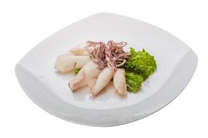 Boiled squid on the plate and white background photo