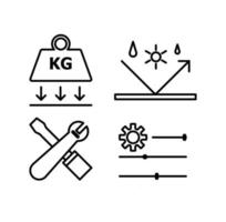 ilustración vectorial de un icono de gran durabilidad, un icono de resistencia química y a la intemperie, un icono de fácil mantenimiento y un icono de especificación personalizado vector