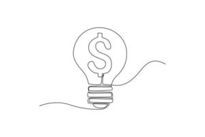 Single one line drawing bulb with dollar sign. Financial technology concept. Continuous line draw design graphic vector illustration.