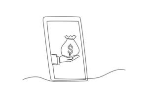 Single one line drawing hand hold money bag in smartphone. Financial technology concept. Continuous line draw design graphic vector illustration.