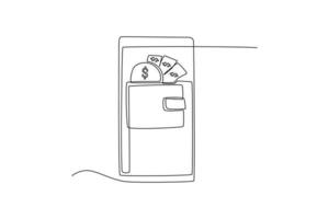 Single one line drawing wallet app page on mobile phone screen. Financial technology concept. Continuous line draw design graphic vector illustration.