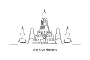 Continuous one line drawing world famous Wat Arun temple, Thailand. Landmarks concept. Single line draw design vector graphic illustration.