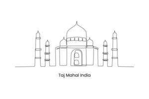 Continuous one line drawing taj Mahal palace landmark in Agra, India. Landmarks concept. Single line draw design vector graphic illustration.