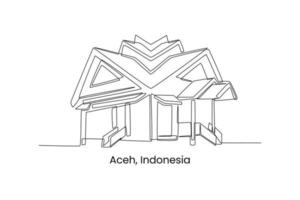 Single one line drawing aceh house in Indonesia. Traditional house concept. Continuous line draw design graphic vector illustration.