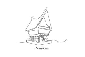 Single one line drawing bolon house Sumatera in Indonesia. Traditional house concept. Continuous line draw design graphic vector illustration.