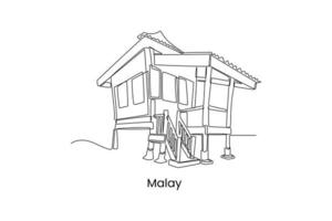 dibujo de una sola línea casa malaya tradicional en malasia. concepto de casa tradicional. ilustración de vector gráfico de diseño de dibujo de línea continua.