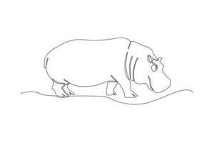 One continuous line drawing of a hippopotamus. Animal concept. Single line draw design vector graphic illustration.