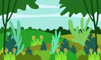 ilustración vectorial del fondo de la naturaleza con plantas, colinas y cielo. bueno para todo lo relacionado con la naturaleza, el medio ambiente, el día de la tierra, la vegetación vector