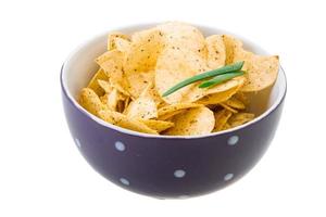 Potato chips in a bowl on white background photo