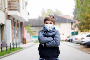 Confident kid with protective face mask on empty street during coronavirus pandemic. photo