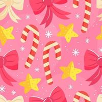 Seamless pink pattern with Christmas bows, lollipops and stars in cartoon style. Vector illustration background.