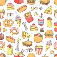 patrón impecable con comida rápida en un lindo estilo de garabato kawaii. fondo de ilustración de comida chatarra vectorial. vector