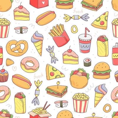 Seamless pattern with fast food in cute kawaii doodle style. Vector junk food illustration background.