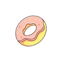 donut con glaseado rosa en un vector de estilo de garabato de dibujos animados aislado en el fondo de la ilustración de alimentos.