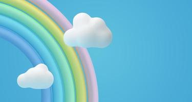 Vector banner with rainbow and clouds. Horizontal sky background for children's design in 3d style