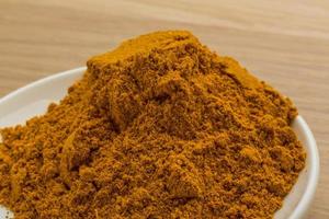 Curry powder on wooden background photo