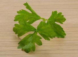 Celery leaves on wooden background photo