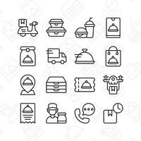 Delivery food icon set. Contains such Icons as scooter, food package, online order, courier, fast food, drone, coupon, and more. Line style design. Vector graphic illustration.