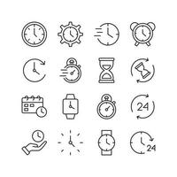 Time and clock icon set. Contains such Icons as alarm, time management, hourglass. Line style design. Vector graphic illustration. Suitable for website design, app, template, ui. Editable stroke.