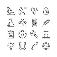 Chemistry lab icon set. Contains such Icons as experiment, flask, research, and more. Line style design. Vector graphic illustration. Suitable for website design, app, template, ui. Editable stroke.