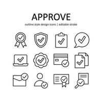 Approve icon set. Contains such Icons as guarantee, quality check, and more. Line style design. Vector graphic illustration. Suitable for website design, app, template, ui.