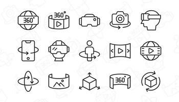 Virtual and augmented reality icon set. Contains such Icons as 360 degree, panorama, simulator and more. Line style design. Vector graphic illustration. Suitable for website design, app, template, ui.