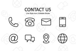 Contact us icon set. Contains such Icons as phone, mail, message, communication. Line style design. Vector graphic illustration. Suitable for website design, logo, app, template, ui. Editable stroke.