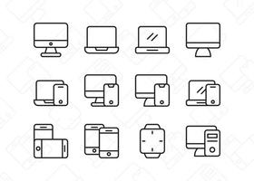 Devices icon set. Contains such Icons as computer, laptop, smartphone. Line style design. Vector graphic illustration. Suitable for website design, app, template, ui