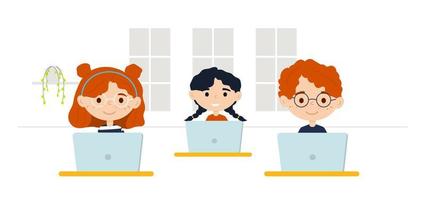 Children with laptops in the classroom. Vector illustration