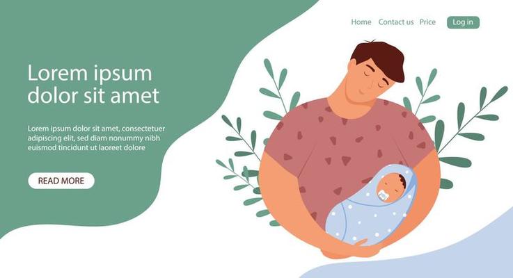 Vector banner for father's day. Father with newborn son on his hands. Vector illustration