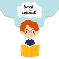 Boy in glasses reading a book. Back to school concept. Vector illustration