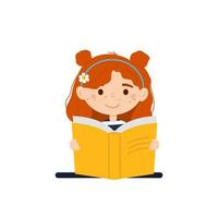 Cute little girl reading a book. Back to school concept. Home education. Vector illustration