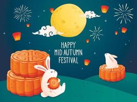 festival de otoño asiático. feliz cartel de ilustración del festival de mediados de otoño. lindos conejos disfrutando de deliciosos pasteles de luna y viendo el paisaje lunar por la noche.