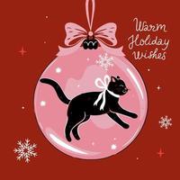 Christmas card with a Christmas ball with a black cat. Vector graphics.