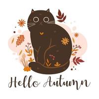 Autumn cat illustration and the inscription Hello Autumn. Vector graphics