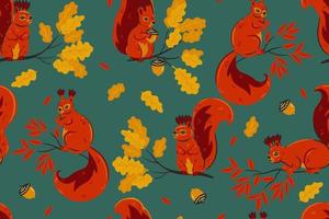 Seamless pattern with squirrels, with autumn leaves, with acorns. Vector graphics.
