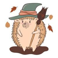 Hedgehog in a witches hat with a broom isolate on a white background. Halloween illustration. Vector graphics.