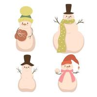 Set of four cute snowmen isolated on a white background. Vector graphics.