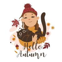 Girl holding a cat in her arms and the inscription Hello Autumn. Vector graphics