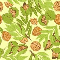 Seamless pattern with walnut branches and fruits. Vector graphics.