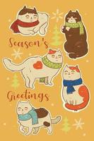 Collection of stickers of Christmas cats in scarves. Vector graphics.