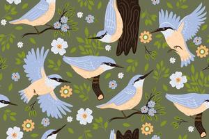 Seamless pattern with nuthatch birds and flowers. Vector graphics.