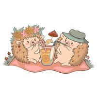 Hedgehogs on a picnic drink lemonade isolate on a white background. Vector graphics.